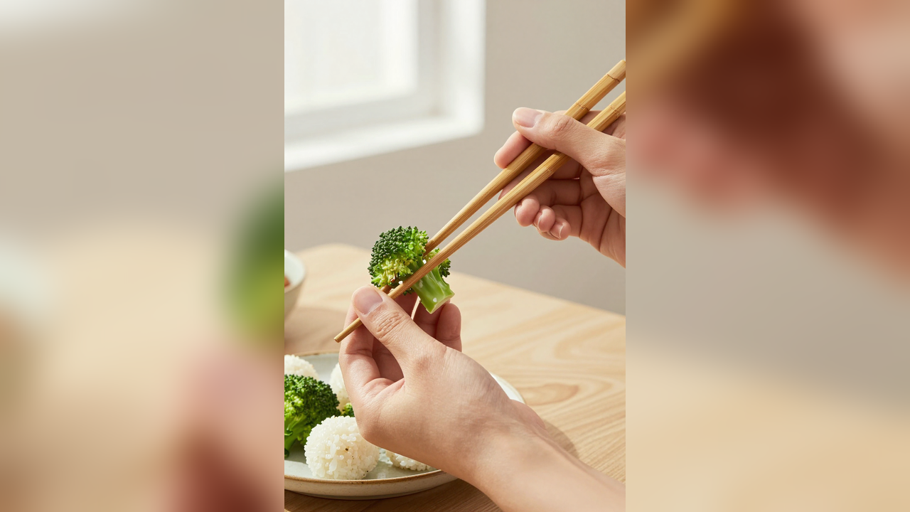 Close left-hand view of a steady lower bamboo chopstick and moving upper chopstick