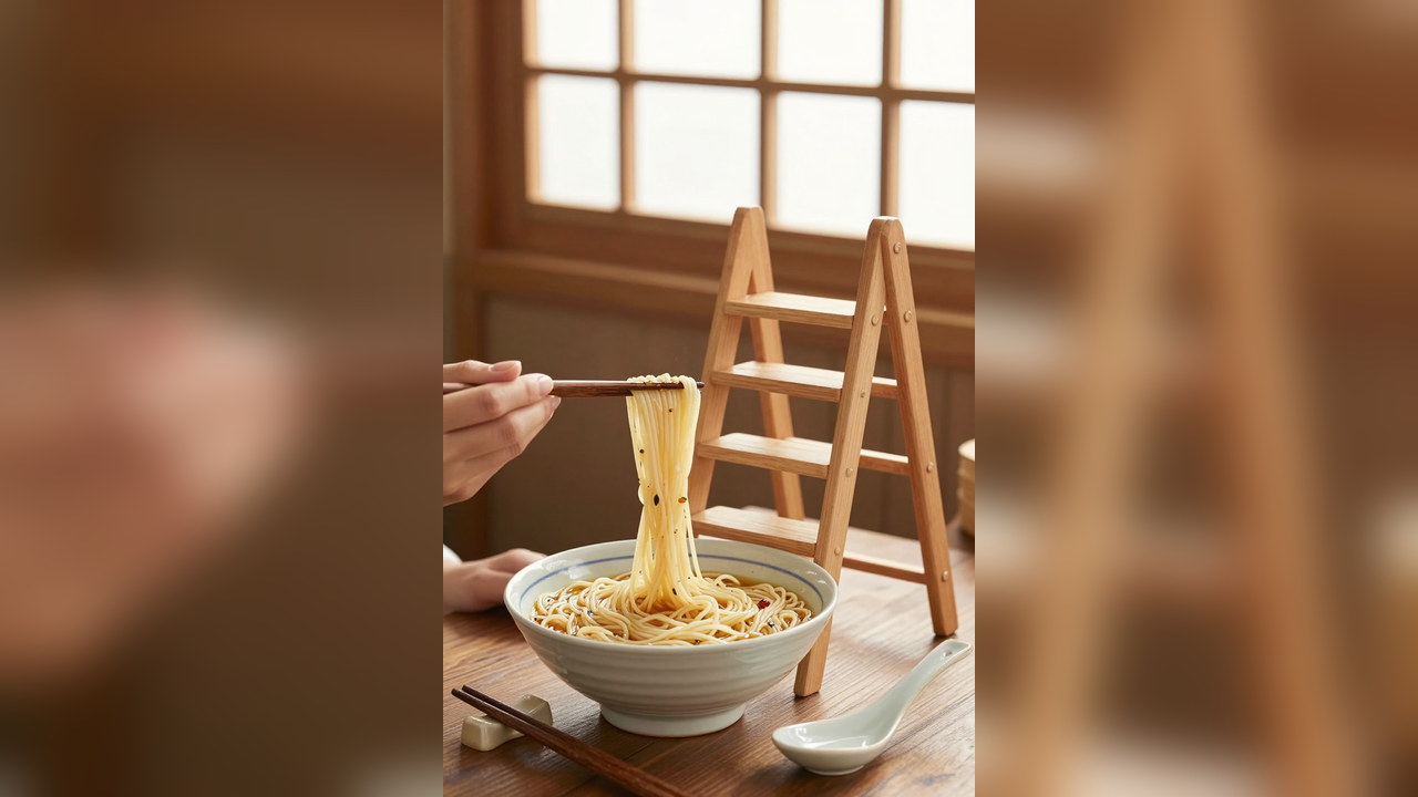 Left-handed diner lifting a small noodle bundle beside a chopstick rest