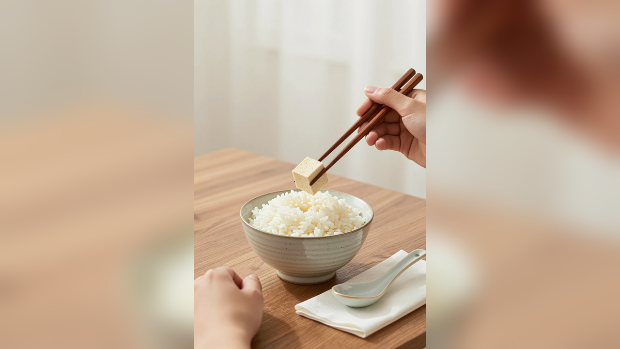 Left-handed diner lifting tofu with wooden chopsticks above a rice bowl