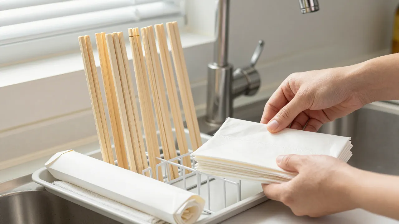 Reusable chopsticks drying beside a sink tray, soap bottle, towel, and folded takeout wrapper