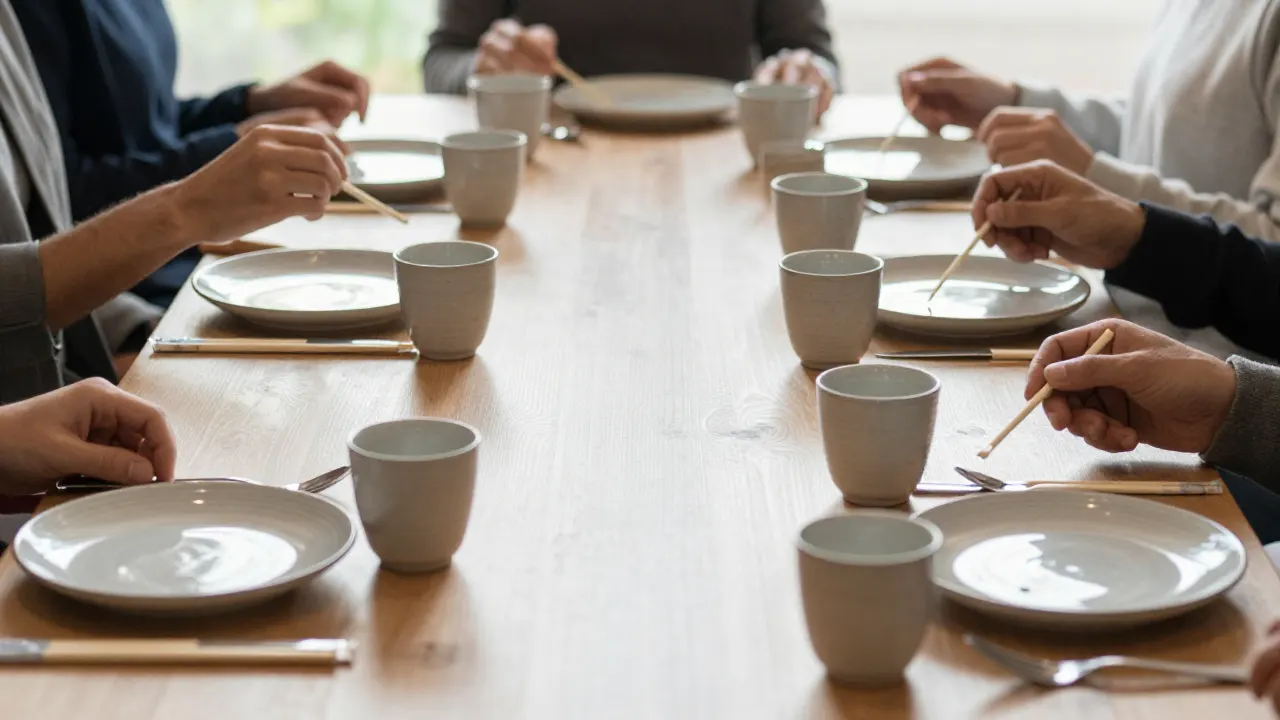 Wrapped disposable chopsticks and reusable place settings arranged on a long shared table with bowls and tea cups