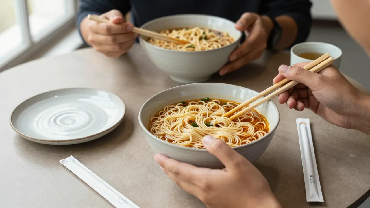 Disposable paper-sleeve chopsticks beside a reusable case, noodle bowl, and ceramic plate on a dining table