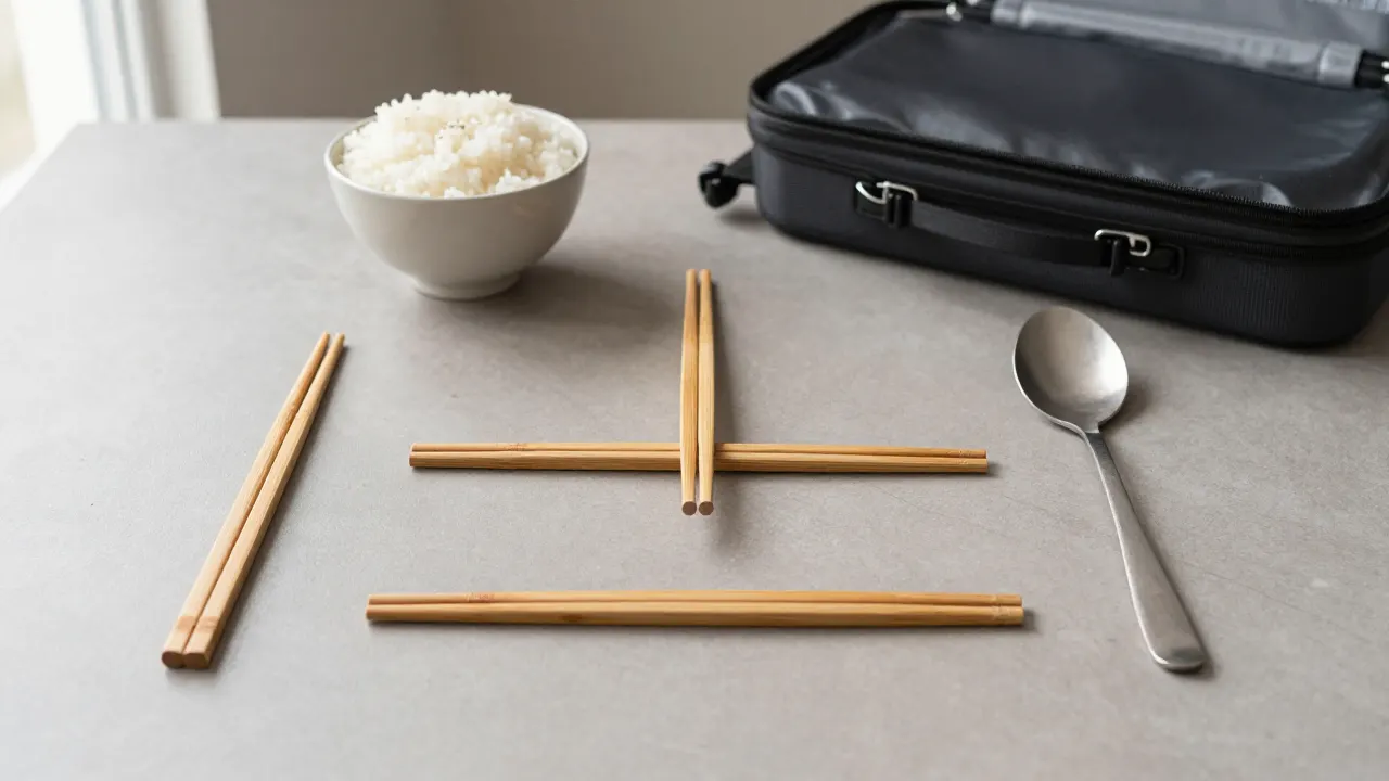 Short, medium, and long bamboo chopstick pairs beside a bowl and travel case