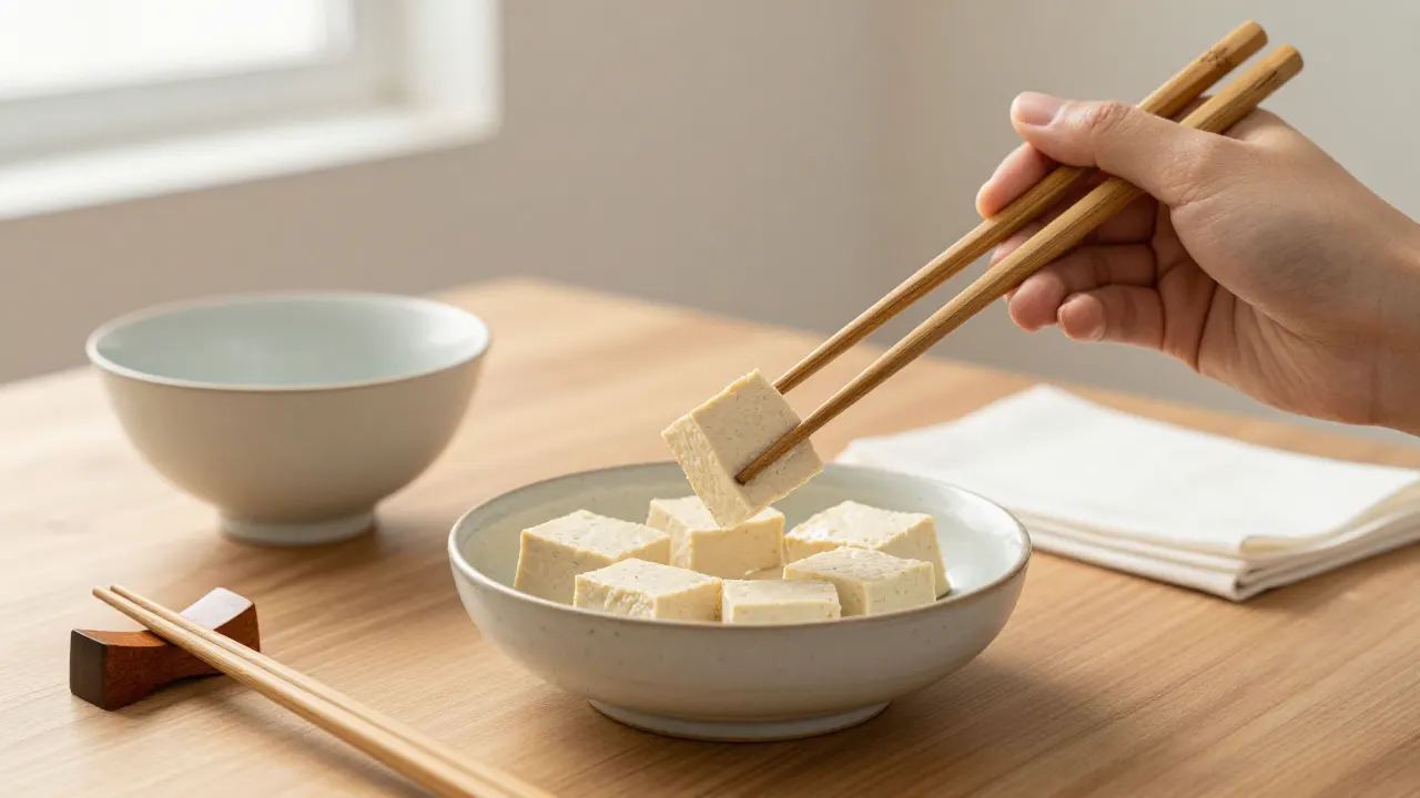 Hand picking up tofu with medium bamboo chopsticks over a ceramic bowl