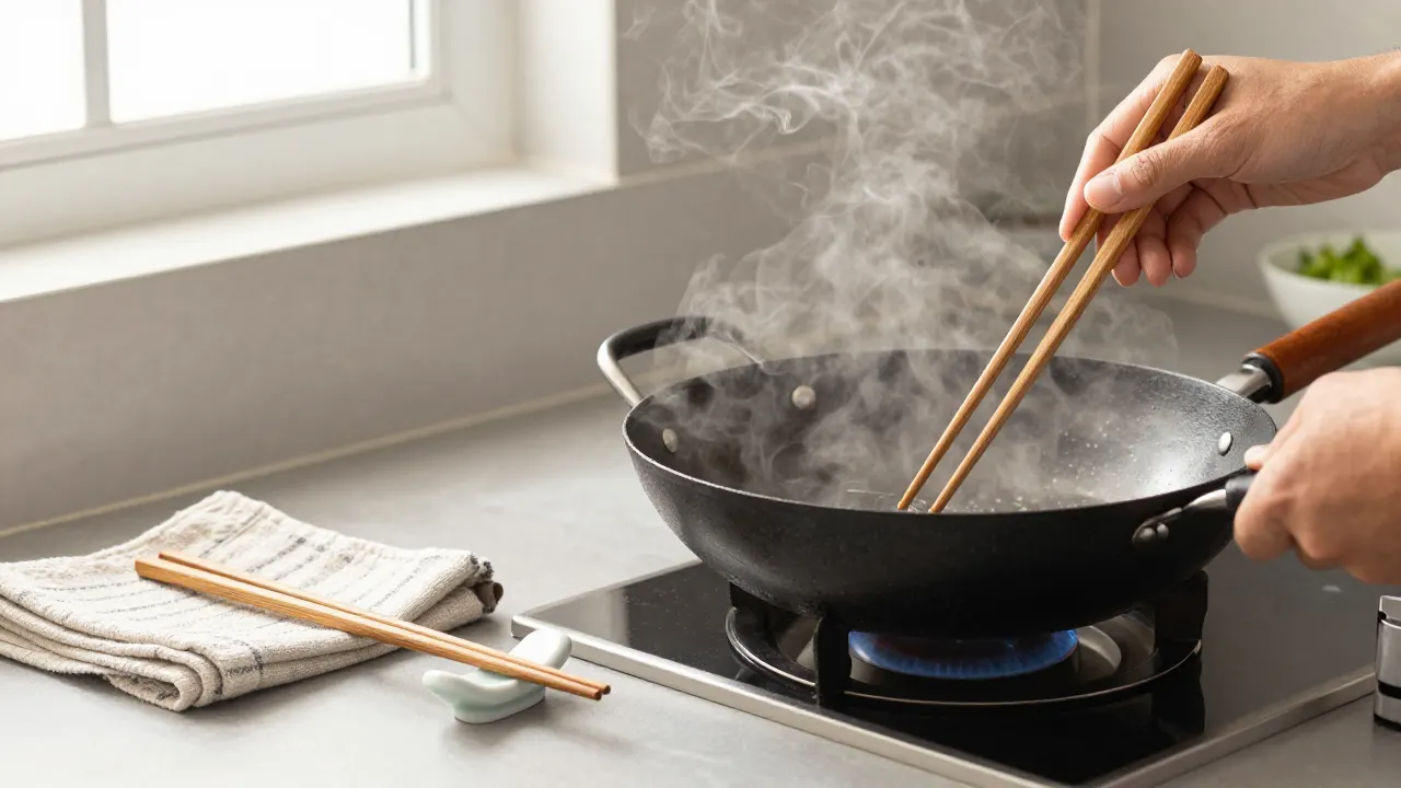 Long cooking chopsticks over a steaming wok beside a short eating pair