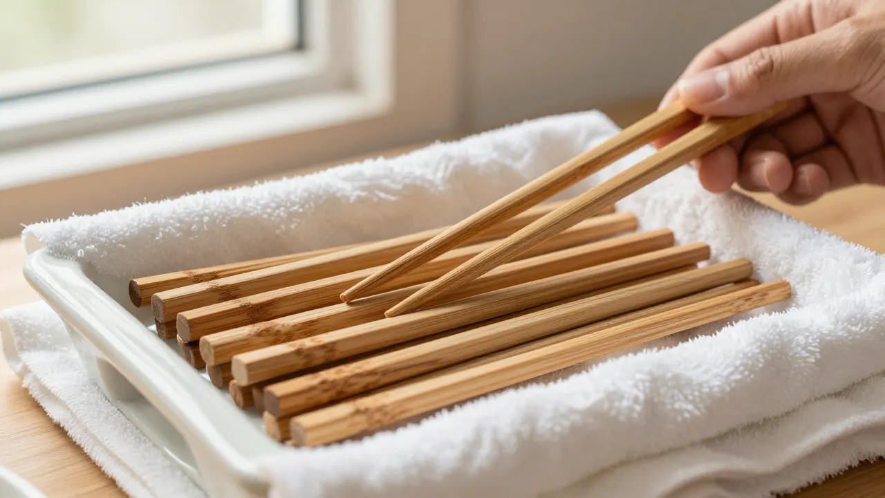 how to store wooden chopsticks scene with dry wooden chopsticks, ventilated ceramic holder, cotton towel