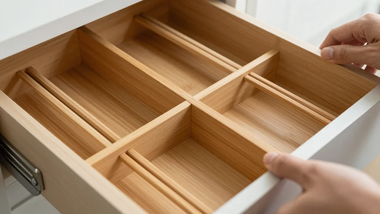 how to store wooden chopsticks scene with open drawer organizer, separated chopstick pairs, wooden divider