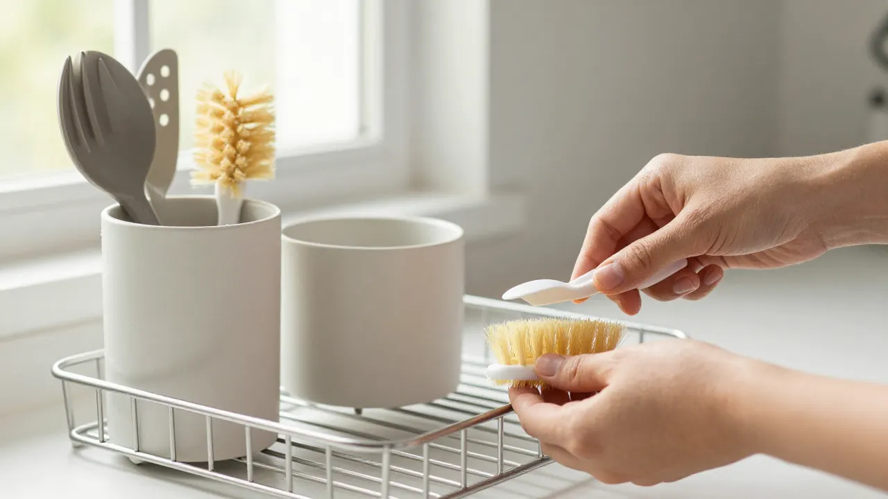 how to store wooden chopsticks scene with clean utensil holder, small brush, drying rack