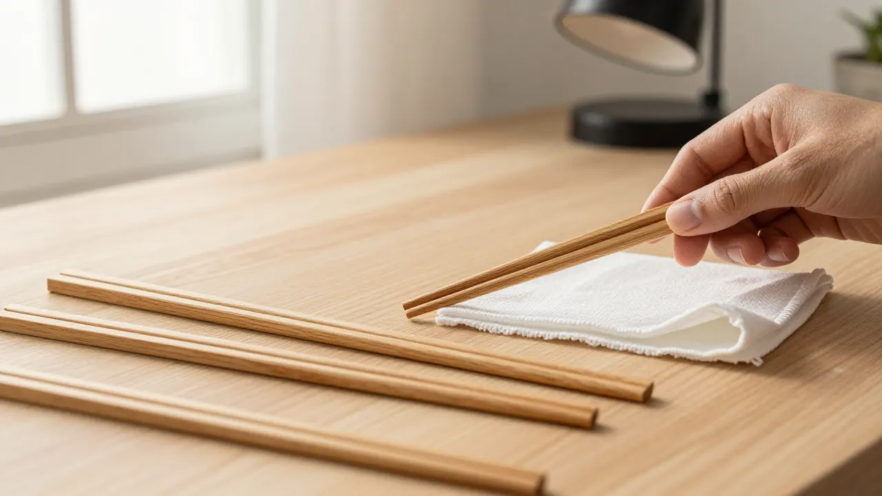 how often replace wooden chopsticks scene with wooden chopstick pairs, inspection cloth, desk lamp