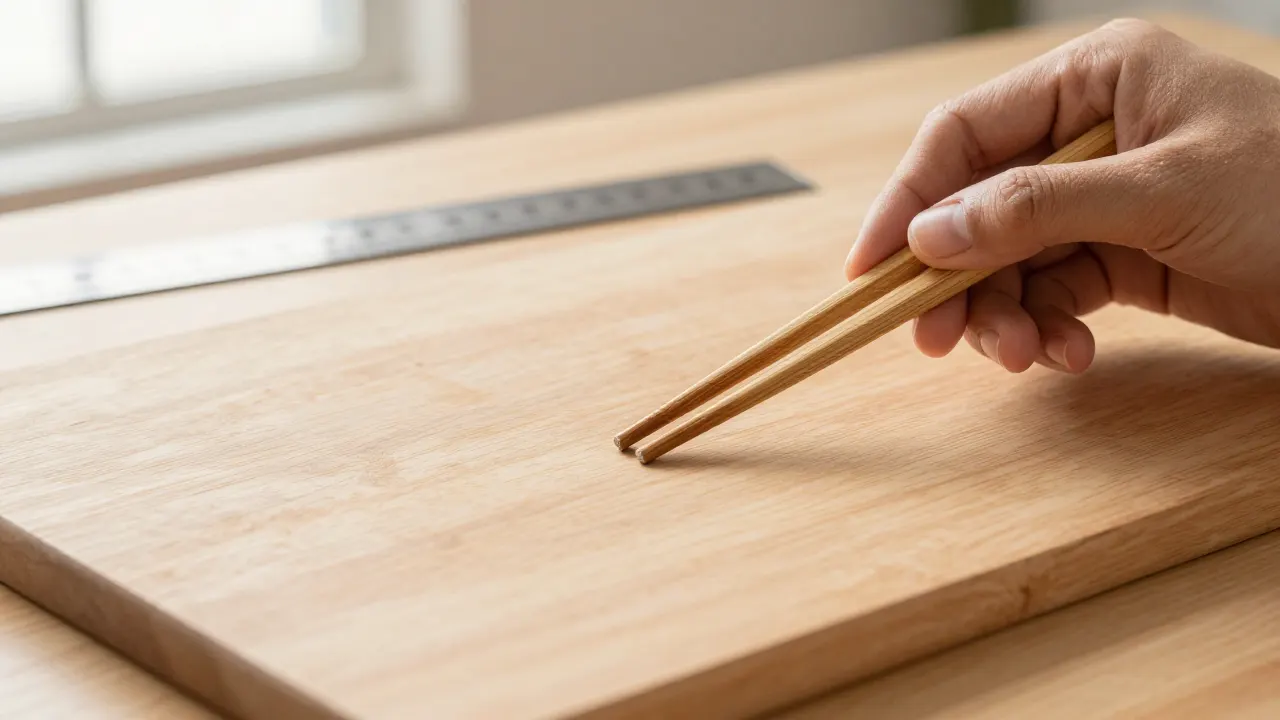 how often replace wooden chopsticks scene with slightly warped chopsticks, flat wooden board, small ruler