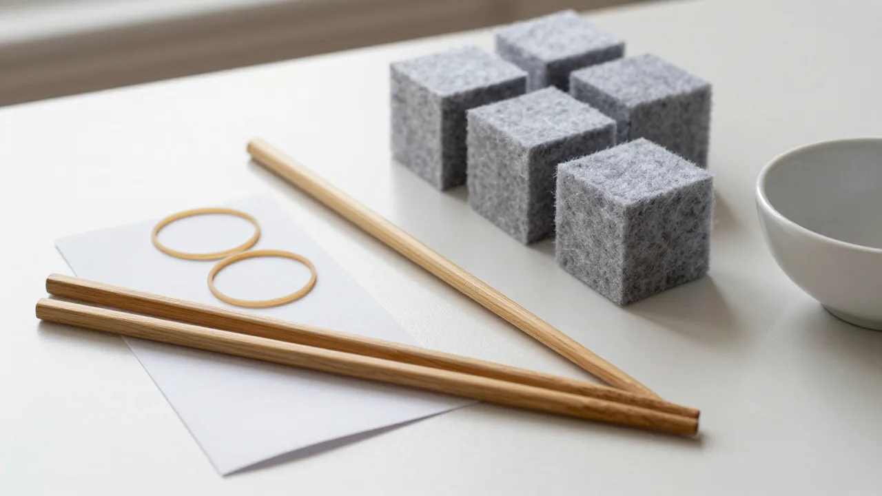 Chopsticks, intact rubber band, blank paper spacer, practice cubes, and bowl on a clean table
