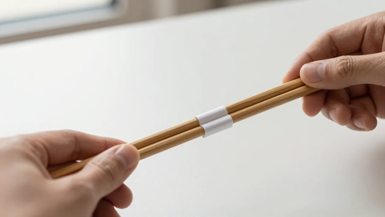 Hands align wooden chopsticks with a folded blank paper spacer near the thick ends