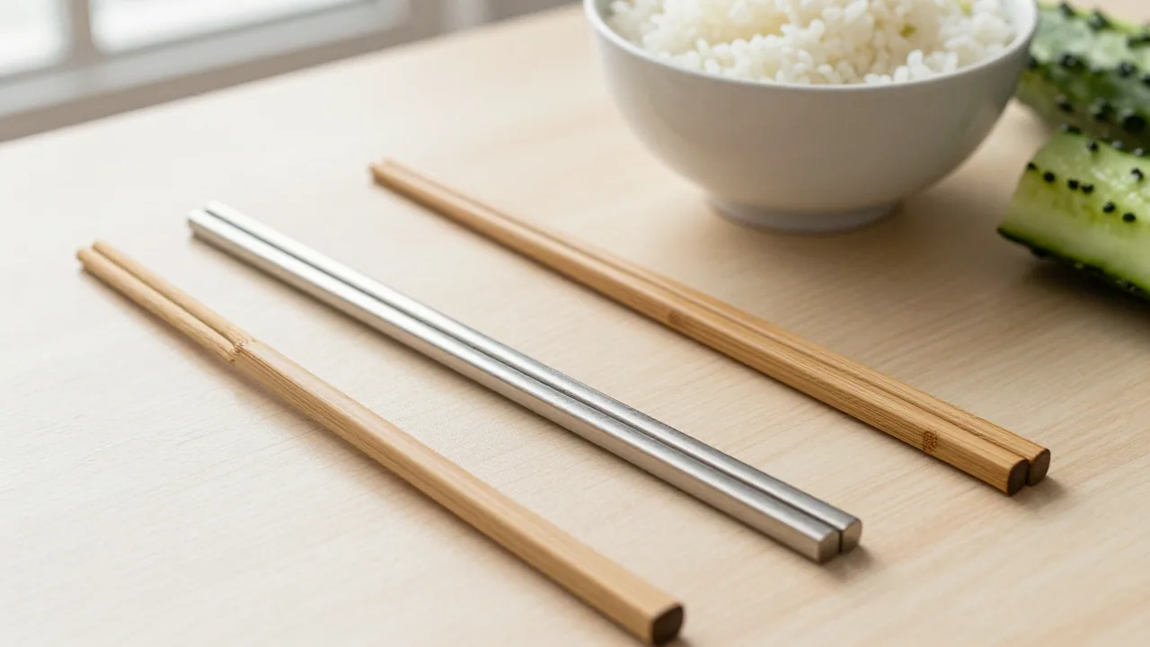 Metal, wooden, and bamboo chopsticks beside rice bowl and cucumber pieces
