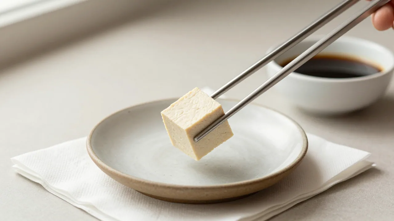 Metal chopstick tips holding a tofu cube over a plate