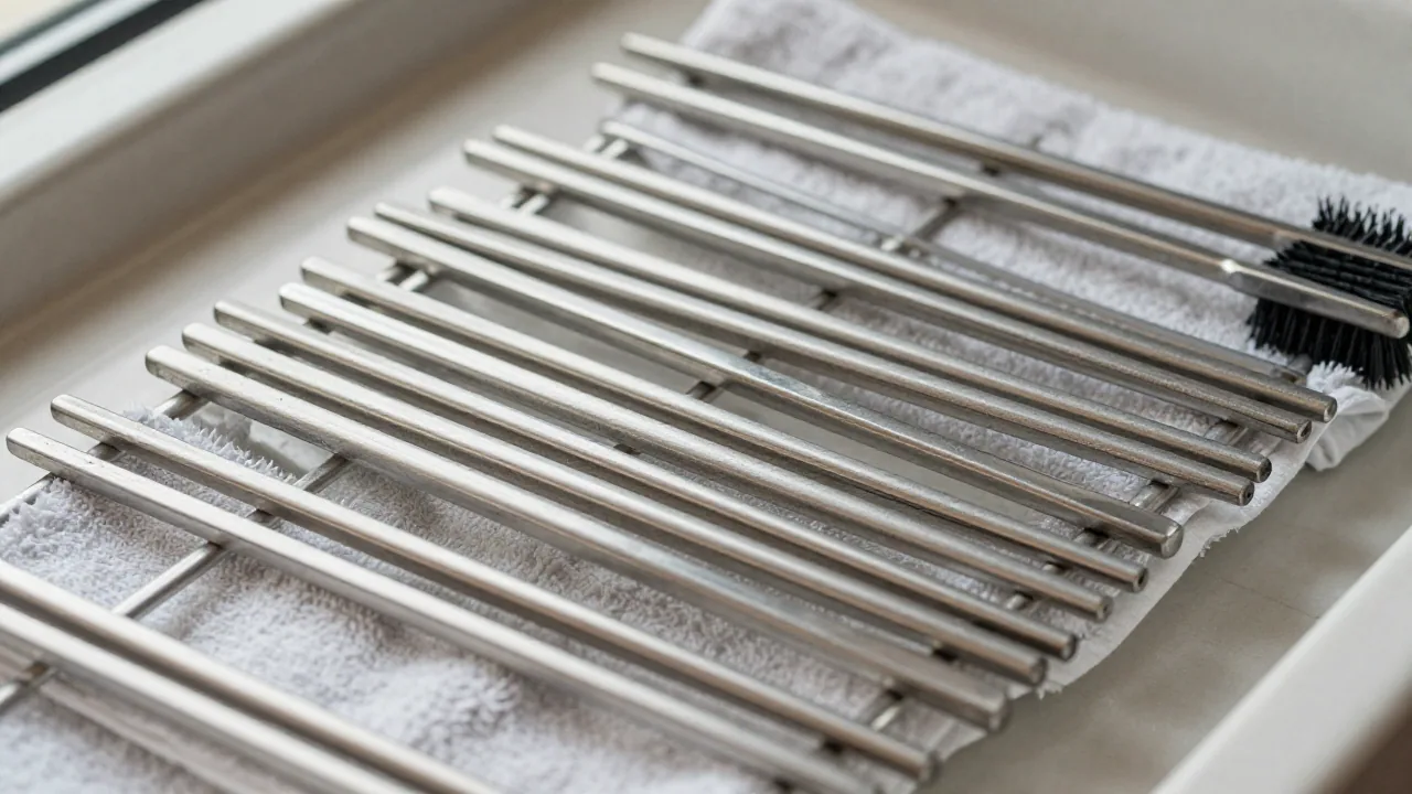 Washed metal chopsticks drying on a rack with towel and brush