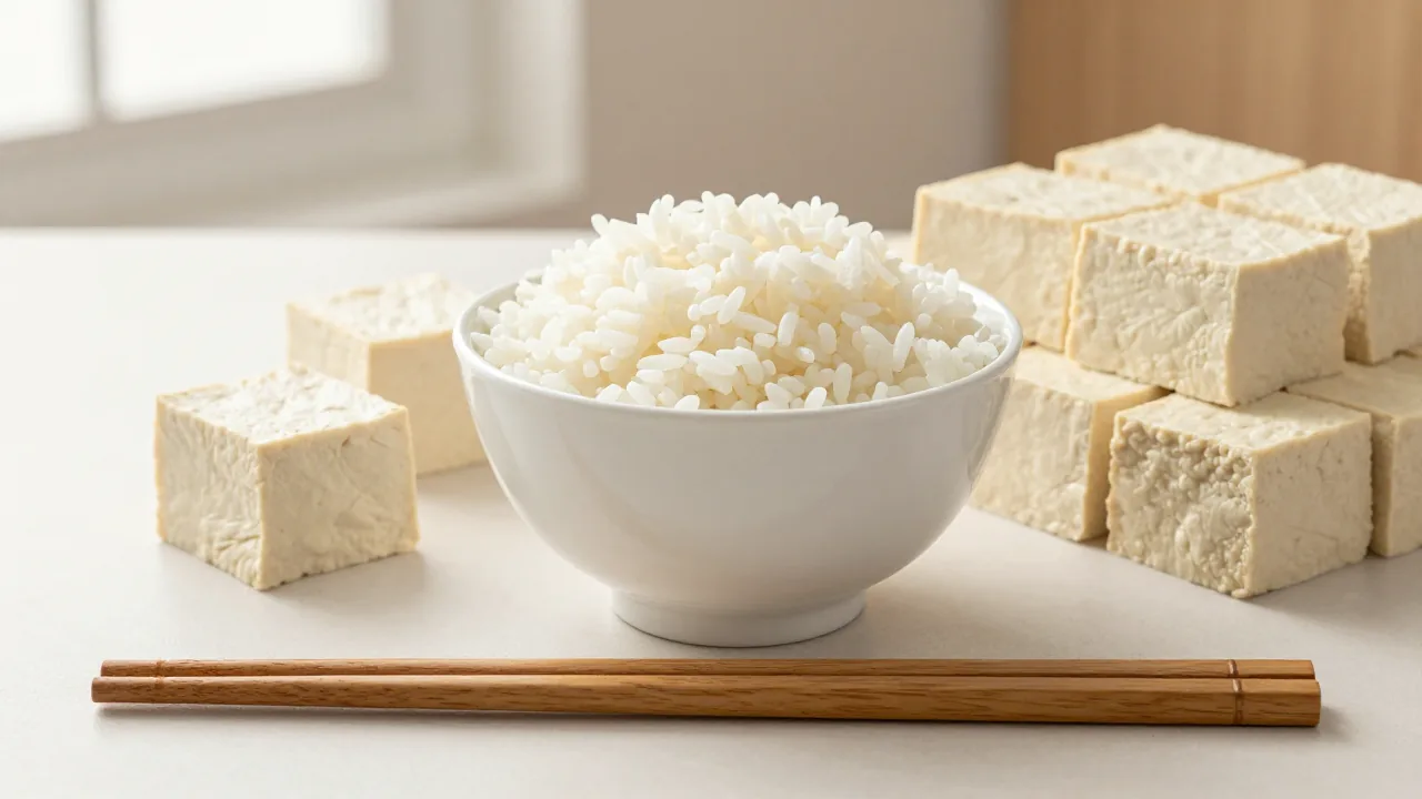 wooden chopsticks, rice bowl, large tofu cubes for how do you use a chopstick