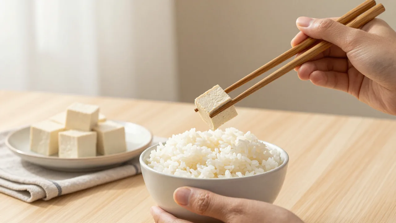Adult hands lifting a tofu cube with wooden chopsticks above a rice bowl