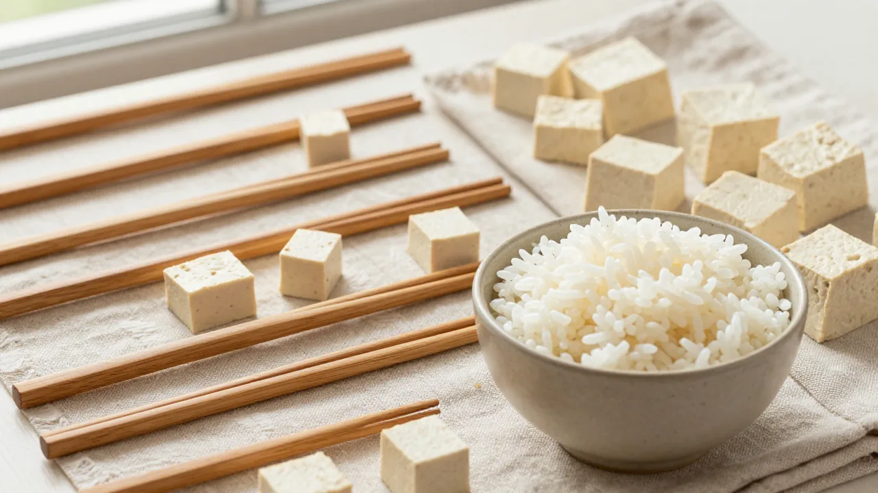 Wooden chopsticks arranged with rice and tofu cubes for beginner practice