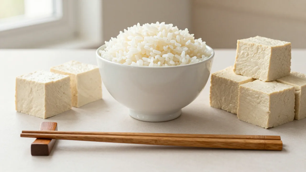 Wooden chopsticks with rice and tofu for beginner grip practice