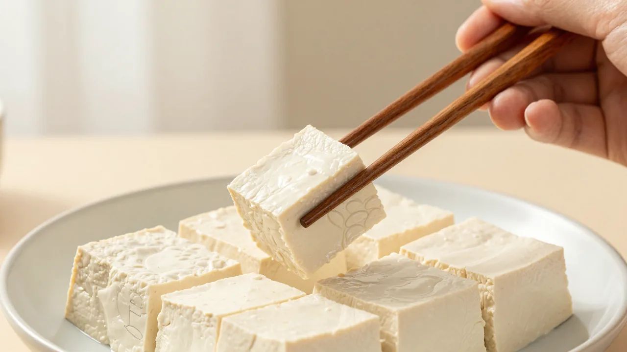 Adult hand lifting a tofu cube with wooden chopsticks
