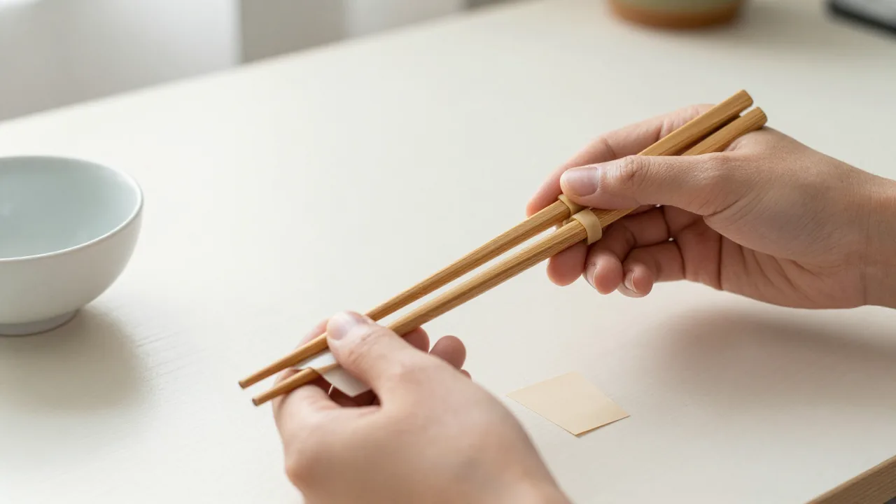 Adult hand practicing chopsticks with a rubber band and blank spacer