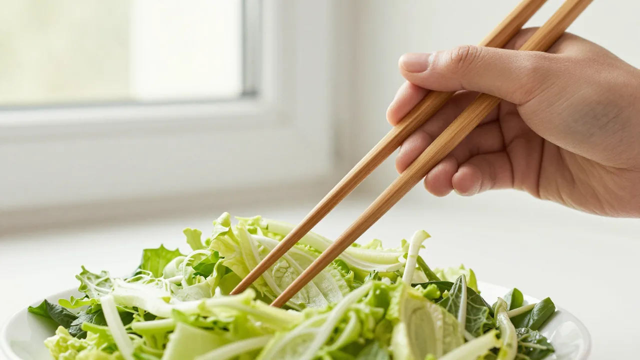 Adult hand holding wooden chopsticks over a plate with large vegetables