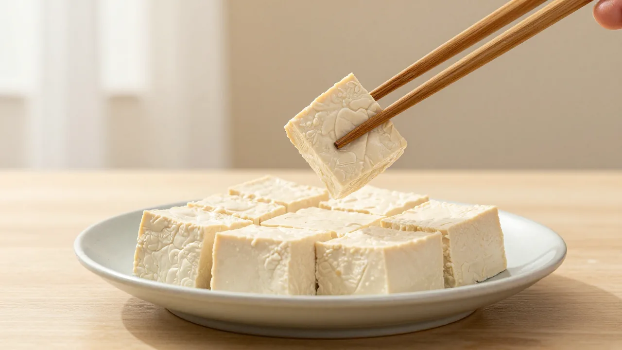Wooden chopsticks lifting a tofu cube for beginner practice