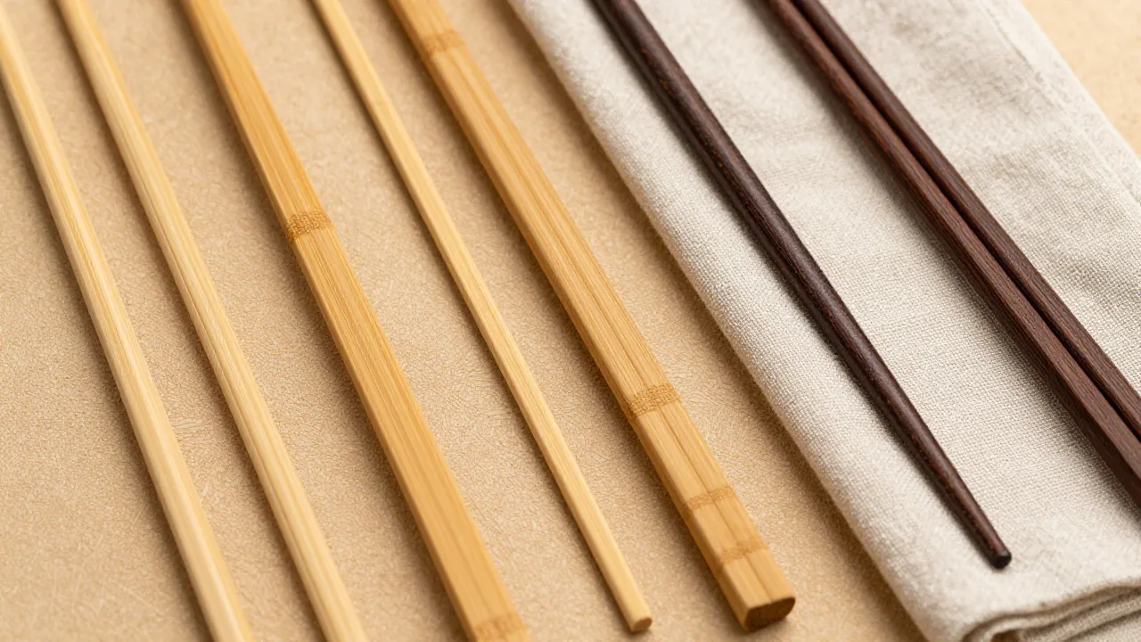 bamboo chopsticks, dark hardwood chopsticks, linen napkin supporting chopstick wood