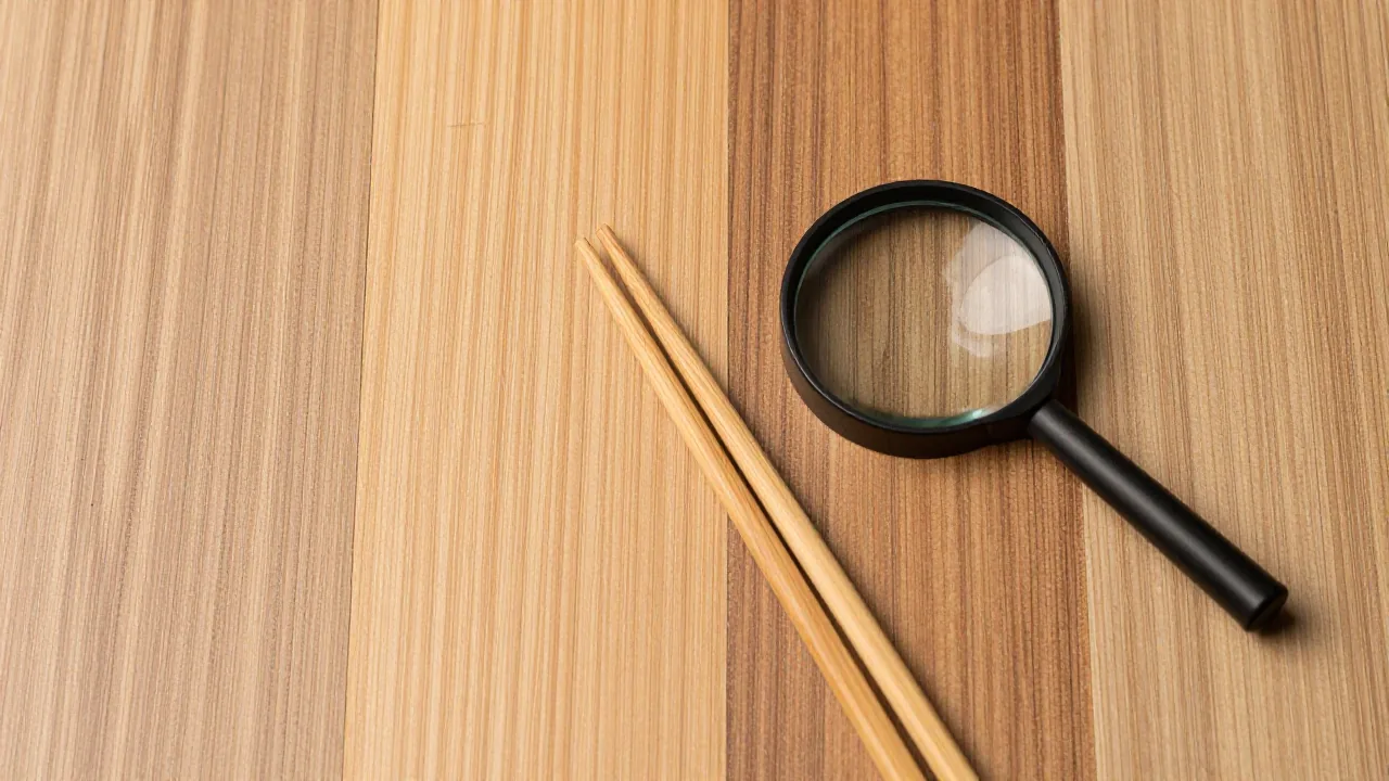 wood grain samples, magnifying glass, chopstick pair supporting chopstick wood