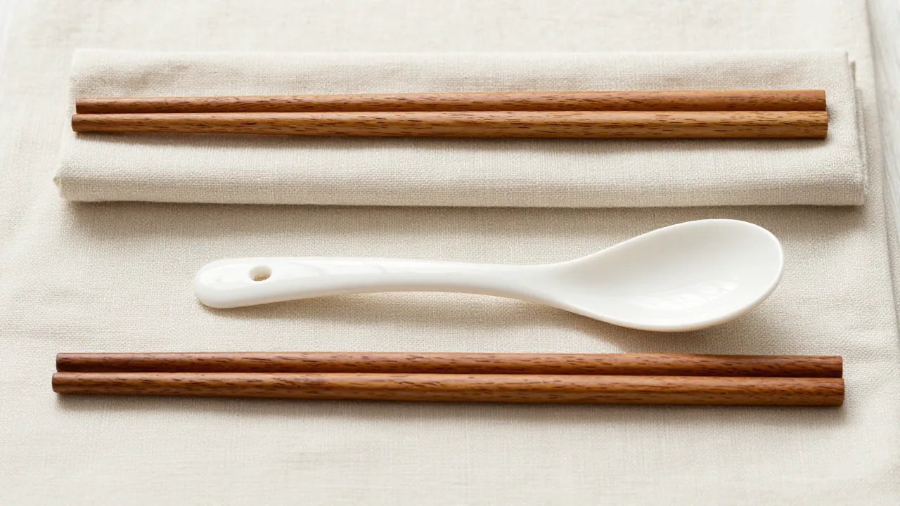 one pair wooden chopsticks, one white ceramic Asian soup spoon, plain cloth roll supporting chopstick spoon set