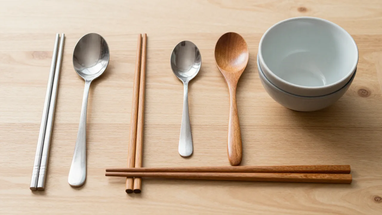 one stainless chopstick pair and Asian soup spoon, one wooden chopstick and spoon pair, two ceramic bowls supporting chopstick spoon set