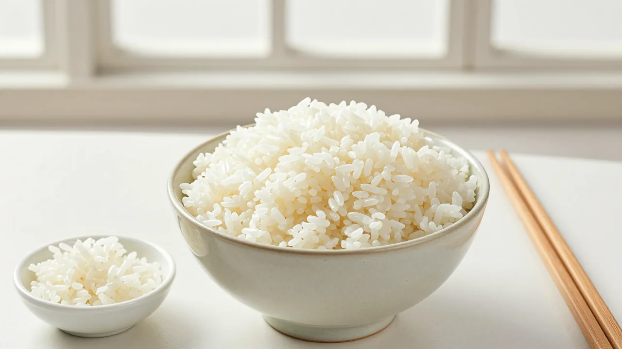 bowl of steamed short-grain rice, wooden chopsticks, small side dish supporting chopsticks rice
