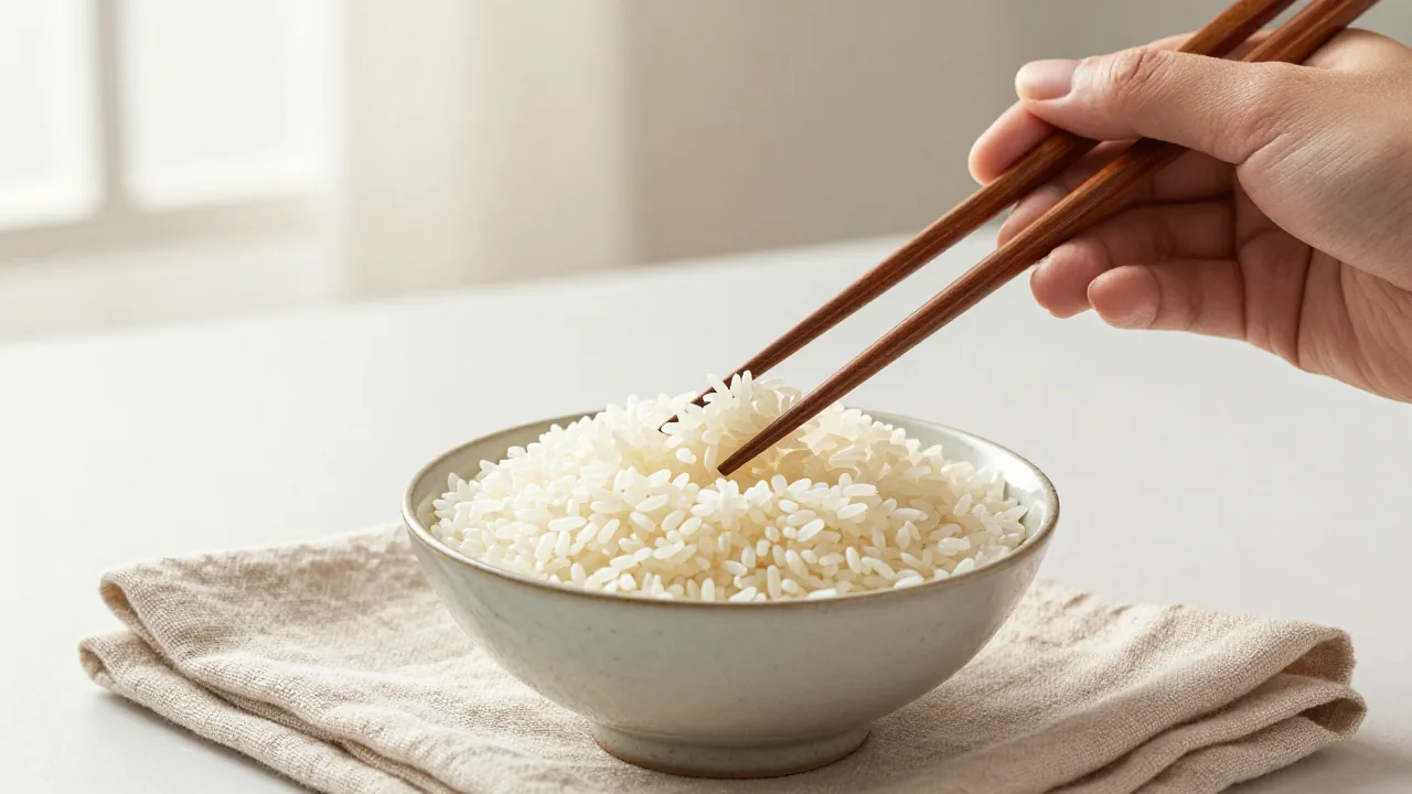 hand gathering a small rice cluster with aligned chopsticks, ceramic bowl, linen napkin supporting chopsticks rice