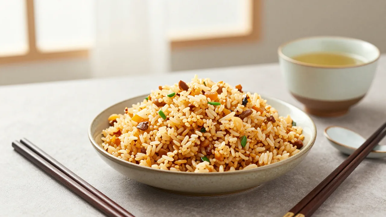 fried rice in a shallow bowl, chopsticks beside a ceramic spoon, tea cup supporting chopsticks rice