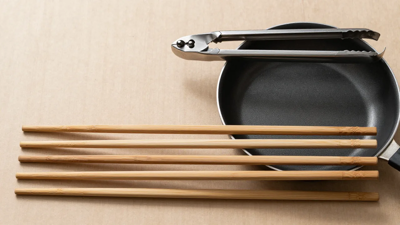 long wooden cooking chopsticks, hinged metal tongs, empty skillet supporting chopstick cooking tongs