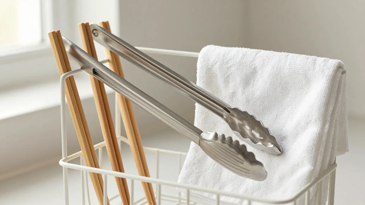 utensil drying rack, clean cooking tongs, cotton towel supporting chopstick cooking tongs