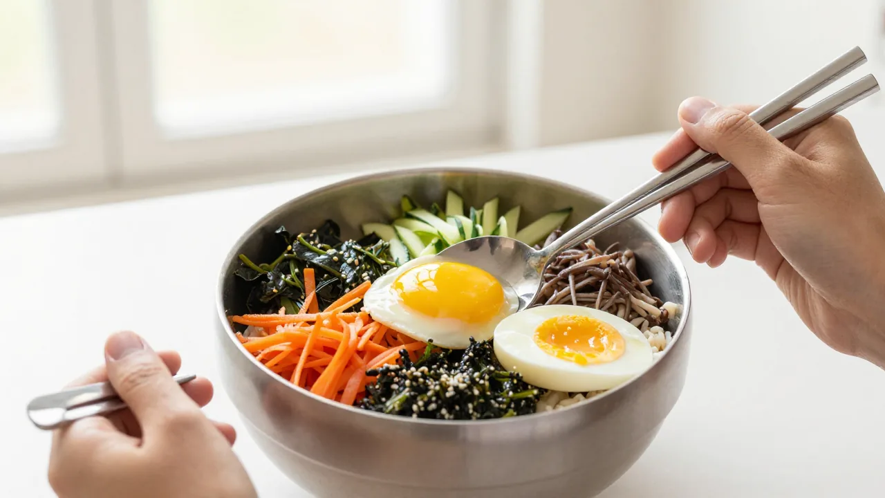 colorful bibimbap bowl, metal spoon, plain chopsticks supporting do you eat bibimbap with chopsticks or spoon