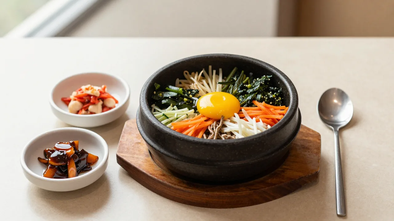 hot stone bibimbap bowl, small side dishes, chopsticks beside spoon supporting do you eat bibimbap with chopsticks or spoon