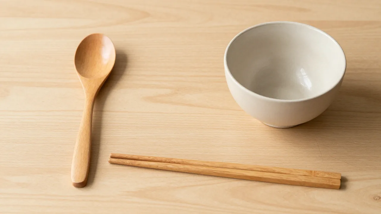 A wood spoon, paired chopsticks and a bowl show the two utensil shapes