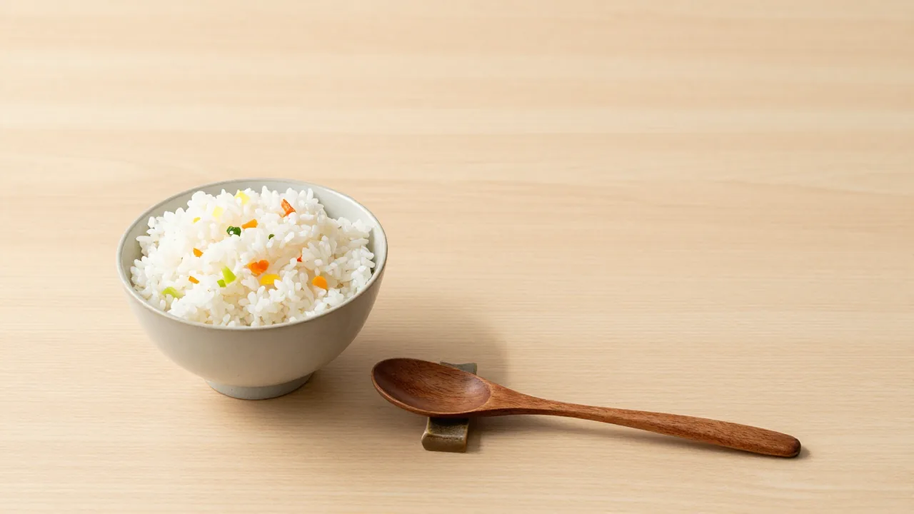 A spoon beside rice and vegetables
