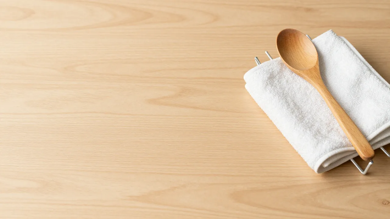 A wooden spoon rests beside a towel and drying rack