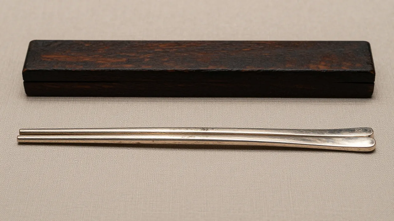 plain old silver-colored chopstick pair, dark wooden fitted case, neutral handling cloth, natural patina
