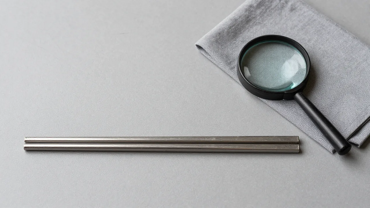 parallel metal chopstick sections, plain magnifying glass, gray conservation cloth, surface scratches and tarnish