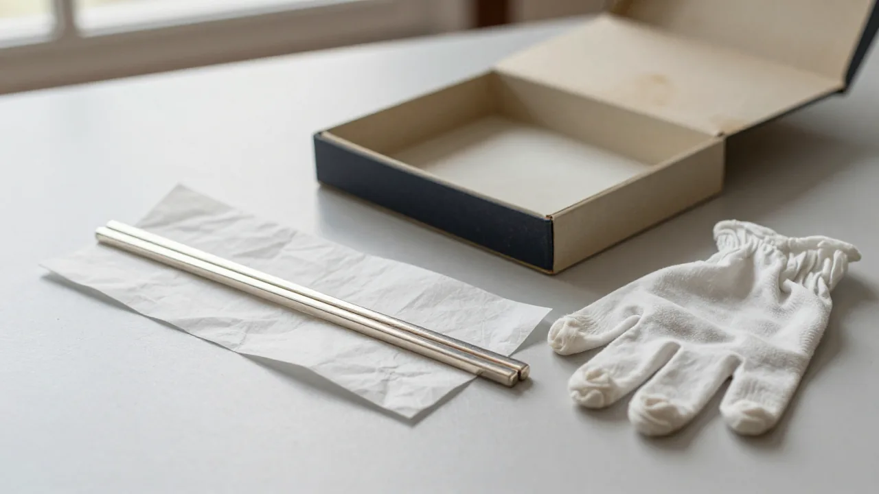 silver-colored chopstick pair, plain tissue paper, open archival box, cotton gloves