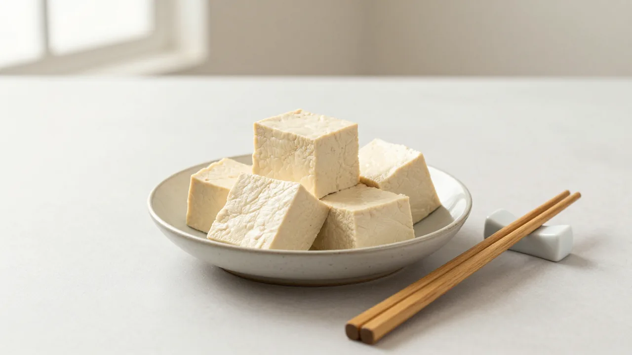 ceramic bowl, large tofu cubes, wooden chopsticks, ceramic chopstick rest