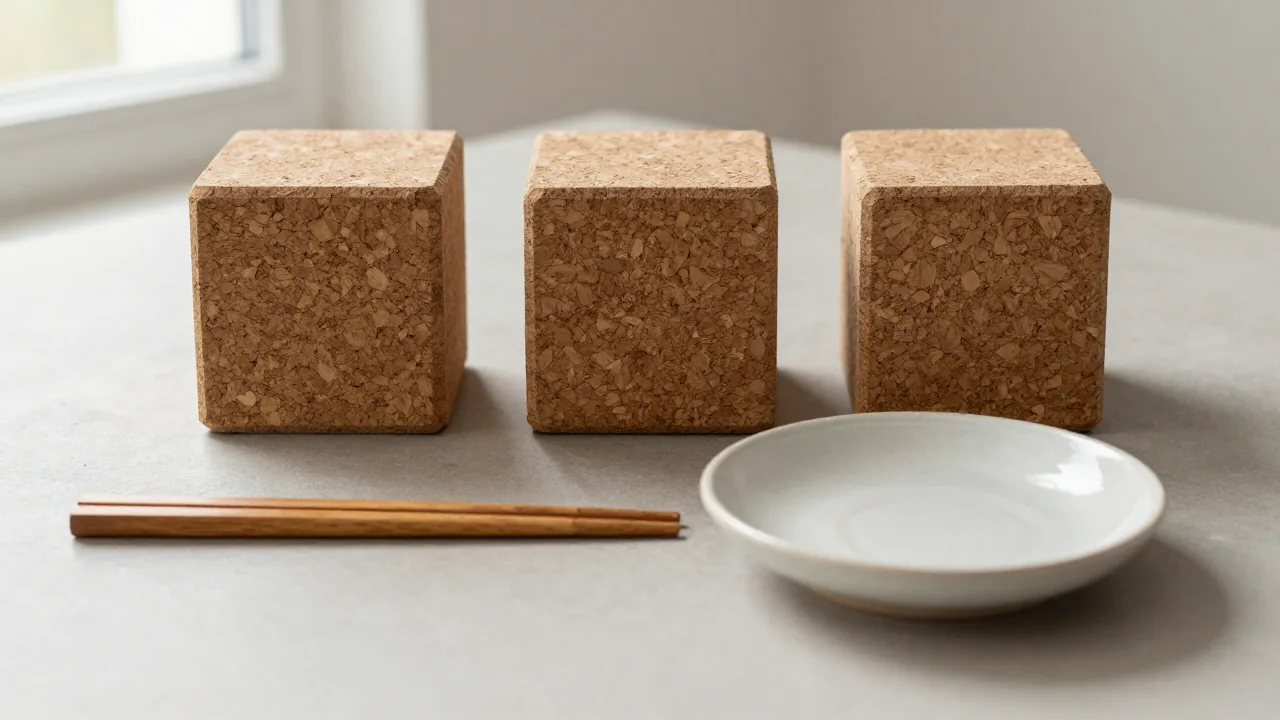two wooden chopsticks, three cork cubes, shallow ceramic dish