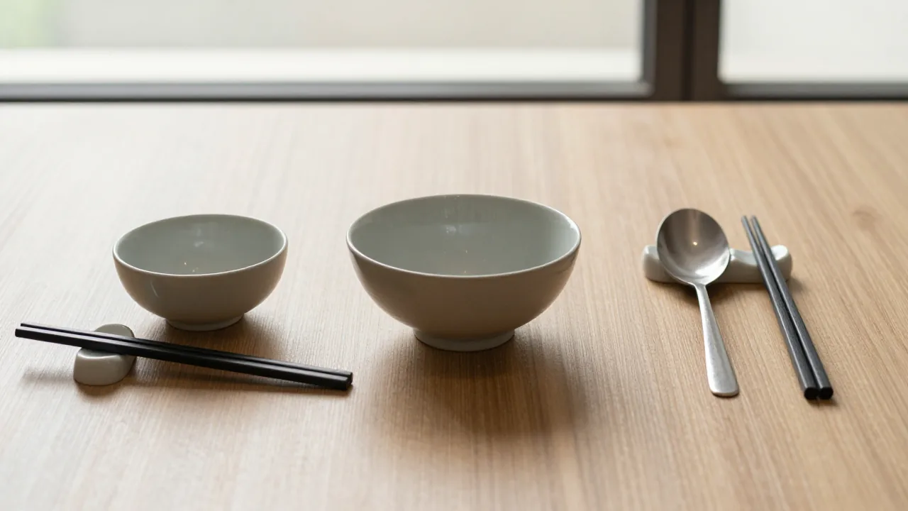 central serving bowl, two personal bowls, two pairs of chopsticks, serving spoon, ceramic rests