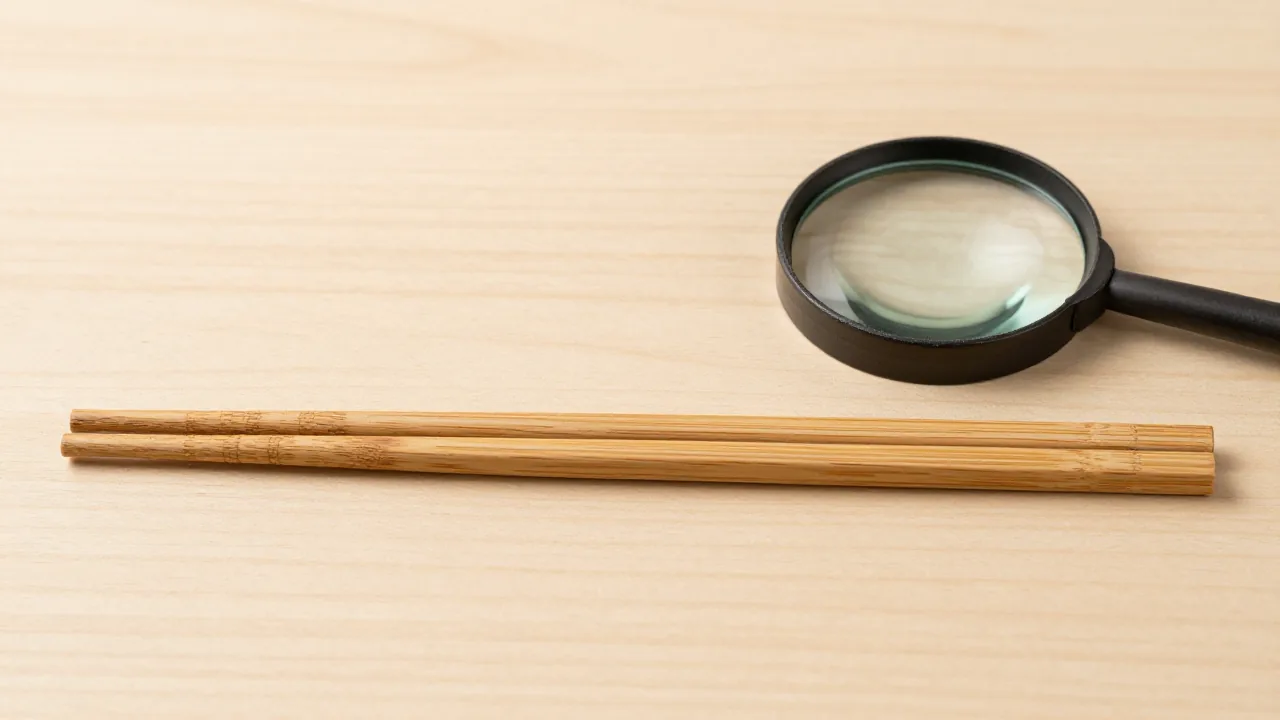 wooden chopstick handle with shallow parallel grooves, smooth chopstick tips, magnifying glass