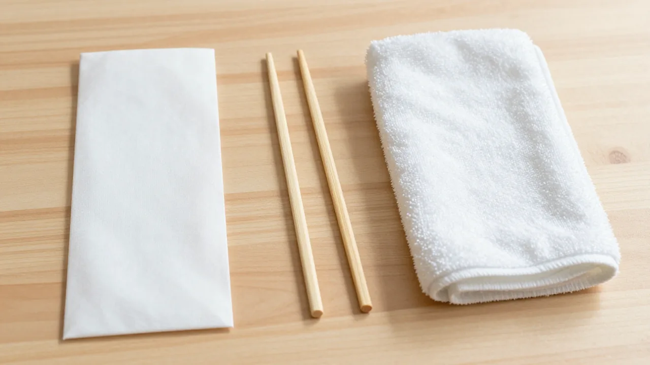 plain fabric gift sleeve, two unmarked chopstick pairs, clean white towel