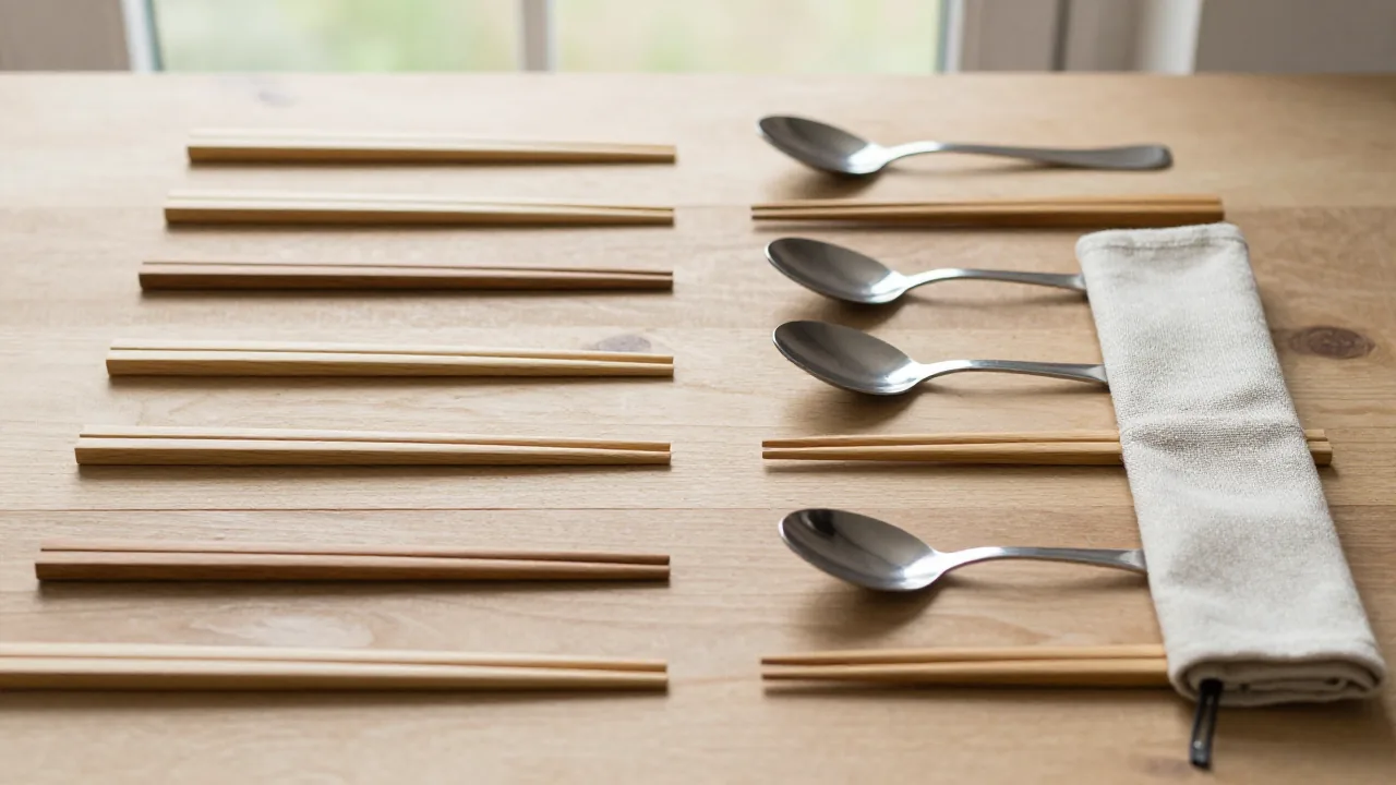 plain chopsticks, metal spoon, cloth travel case